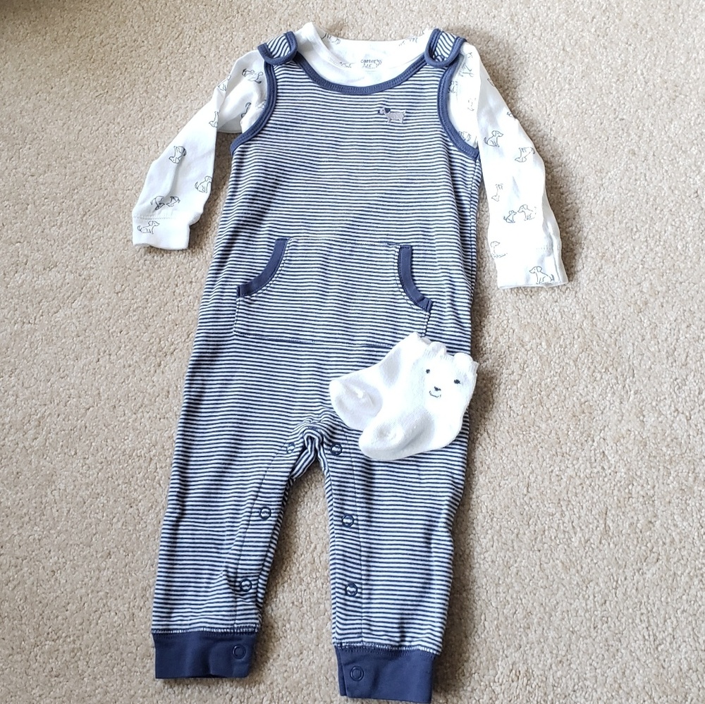 Size 9 months Carters outfit set striped overalls